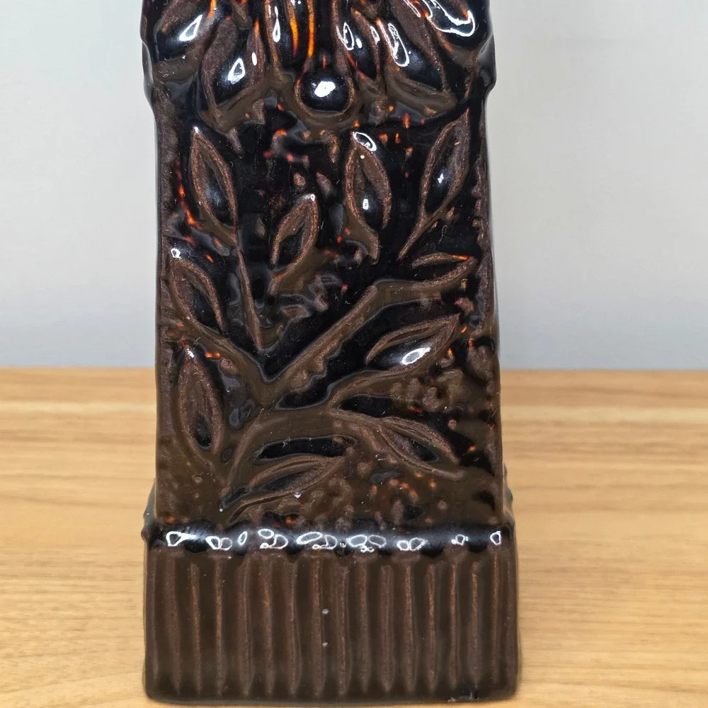 Ceramic Pillar Candle‎ Holder 11in Metallic Dark Brown Embossed Floral Tapered